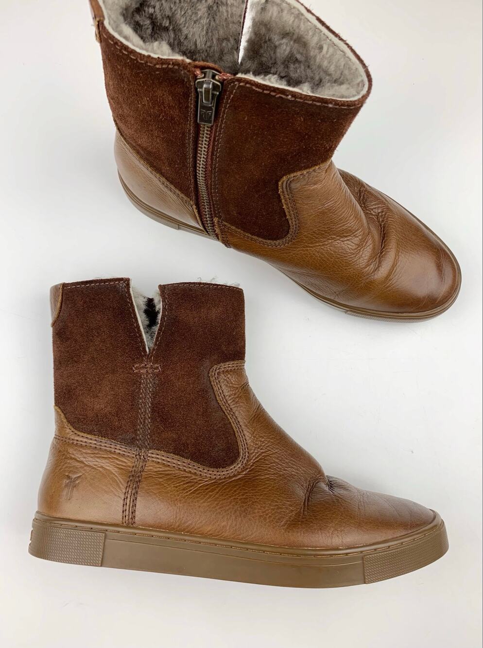 Frye Gemma Short Shearling Lined Ankle Boots Brown Leather Booties Women's 7